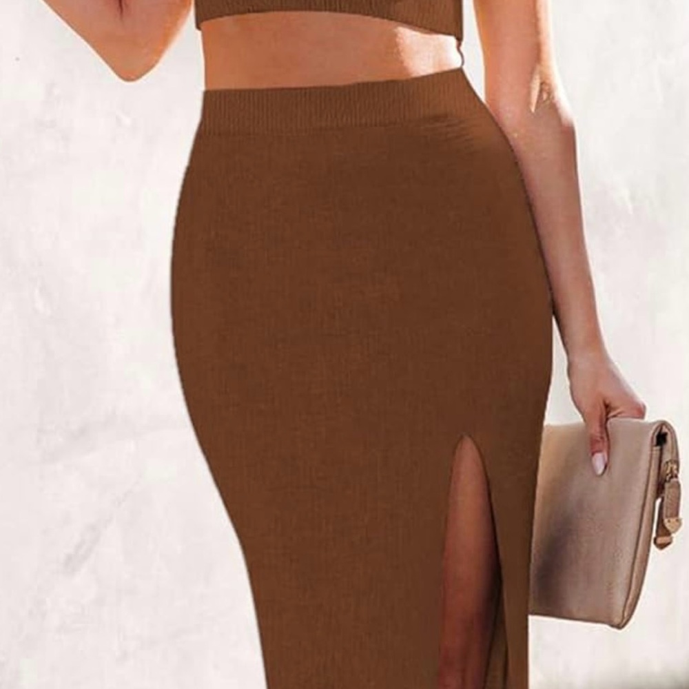 Women’s Two Piece Set Brown Dress Cami Top High Side Slit Bodycon Long Skirt - Picture 2 of 5
